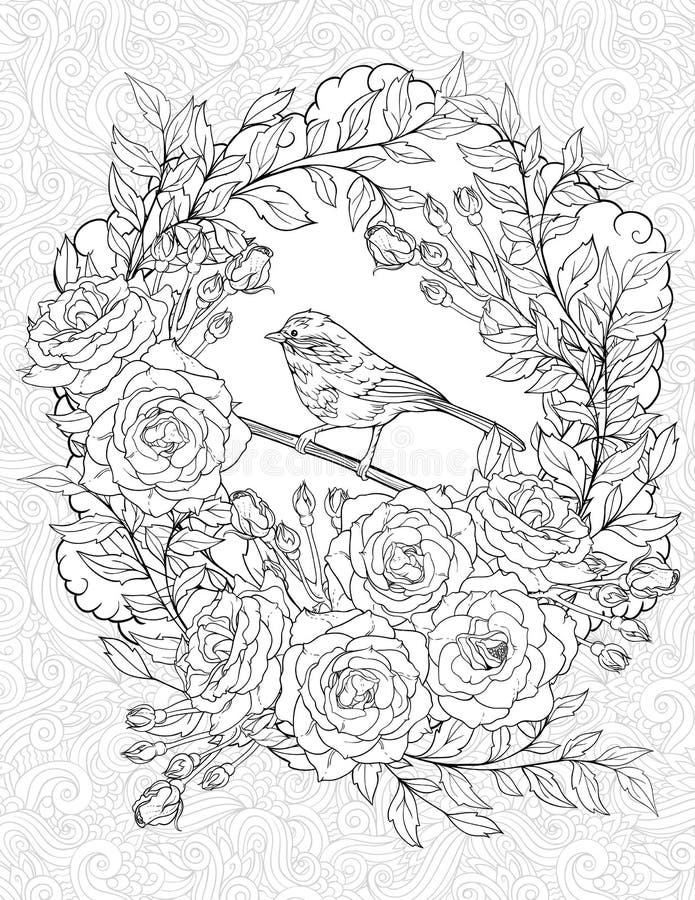 Pagina di coloritura con un piccolo uccello e le rose illustrazione di stock Pagina di coloritura con un piccolo uccello e le rose illustrazione di stock