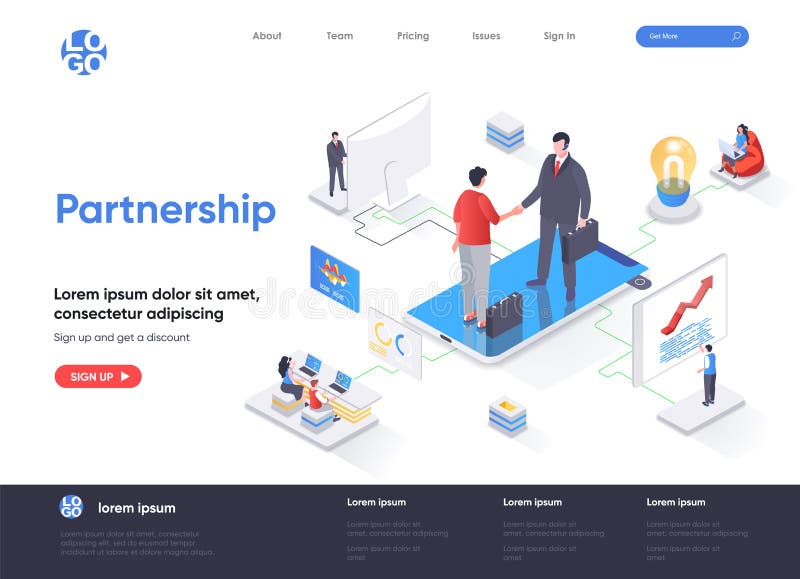 Pagina iniziale isometrica di partnership. accordo tra partner commerciali per un team e una comunicazione efficaci royalty illustrazione gratis