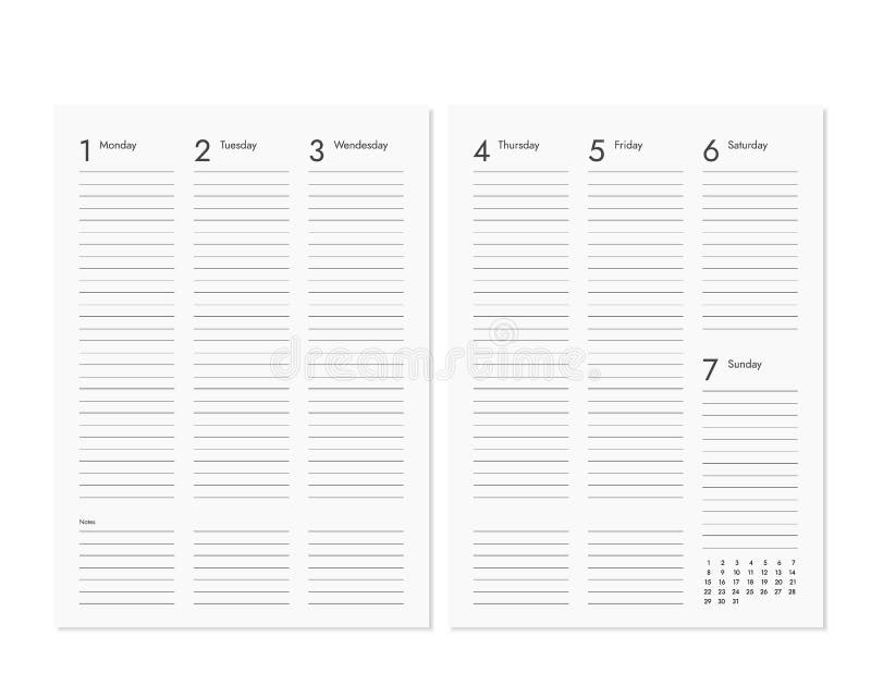 Pagine in bianco realistiche del diario con il calendario settimanale e mensile illustrazione vettoriale Pagine in bianco realistiche del diario con il calendario settimanale e mensile illustrazione vettoriale