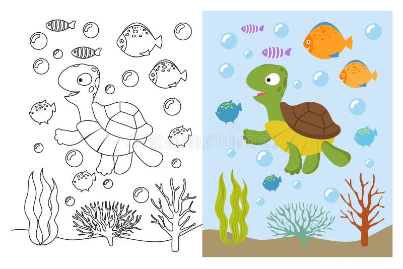 Pagine di coloritura della tartaruga Animali di mare di nuoto del fumetto subacquei Illustrazione di vettore per il libro da colo
