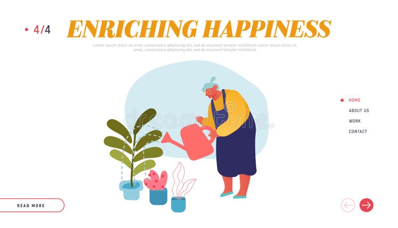 Pagină de aterizare site-ul web de grădinărit pentru femei în vârstă. îngrijirea femeilor cu părul gri în ghivece royalty free illustration