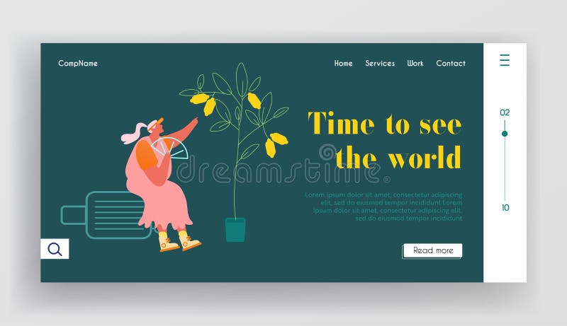 Pagină web de călătorie vacantă de vară. doamnă senior sta pe valiza sub lămâie stock illustration