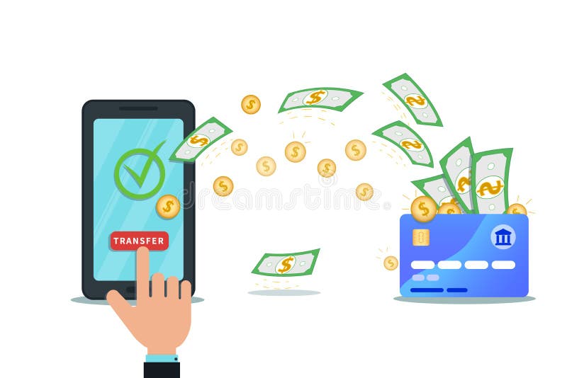 Pago en línea, transferencia monetaria, concepto móvil del app de la cartera Smartphone plano con la tarjeta de crédito del nfc y libre illustration Pago en línea, transferencia monetaria, concepto móvil del app de la cartera Smartphone plano con la tarjeta de crédito del nfc y libre illustration