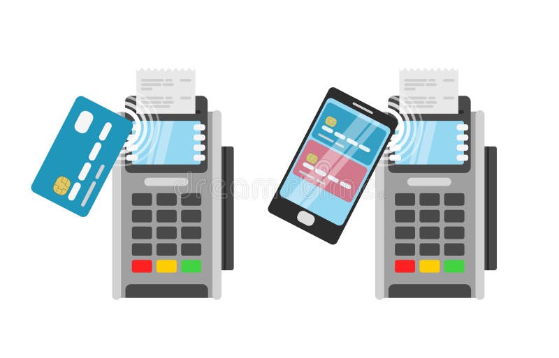 Pago inalámbrico por la tarjeta de crédito usando el terminal de la posición stock de ilustración Pago inalámbrico por la tarjeta de crédito usando el terminal de la posición stock de ilustración