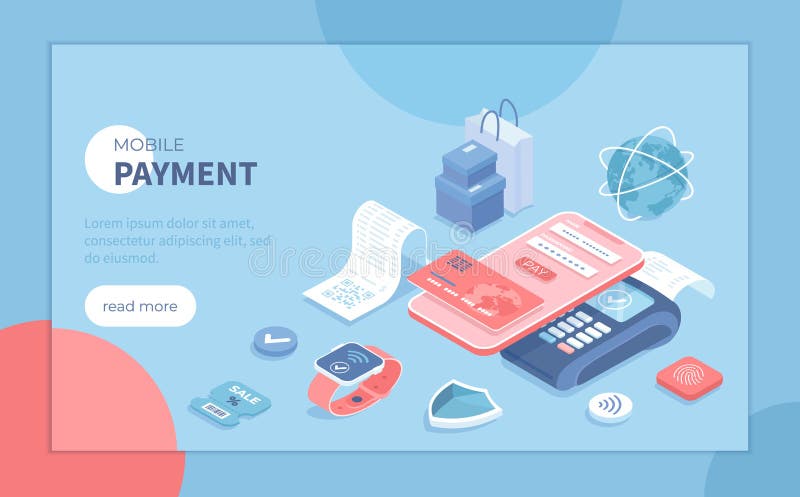 Pago móvil sin contacto. pago de nfc. digitalizar código qr. teléfono de terminal pos y reloj inteligente. Ilustración vectorial i libre illustration