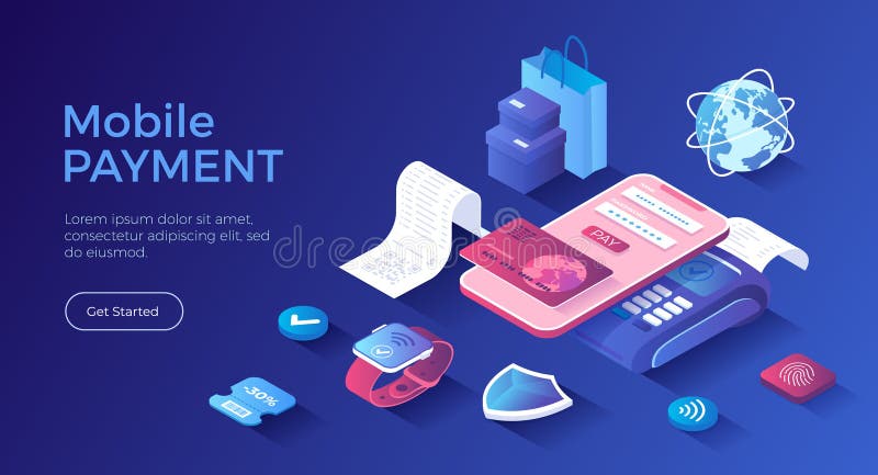 Pago móvil sin contacto. pago de nfc. digitalizar código qr. teléfono de terminal pos y reloj inteligente. libre illustration