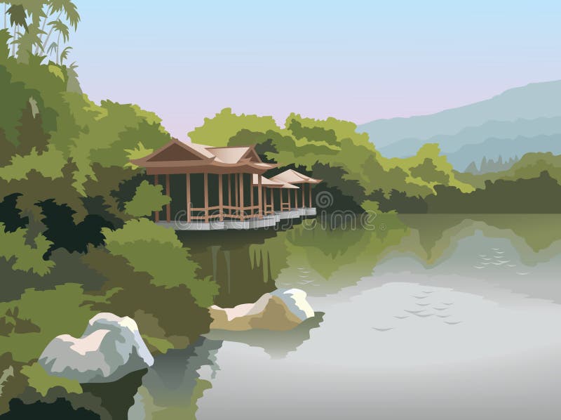 Pagoda on the lake shore, vector