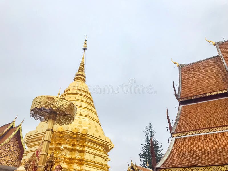 Pagoda at Wat Phrathat Doi Suthep, Chiang Mai, Thailand. Beautiful of historic city at buddhism temple royalty free stock image Pagoda at Wat Phrathat Doi Suthep, Chiang Mai, Thailand. Beautiful of historic city at buddhism temple royalty free stock image
