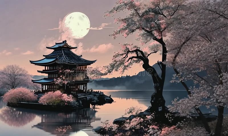 Pagode sereine par le lac Lune avec fleurs de cerisiers illustration libre de droits