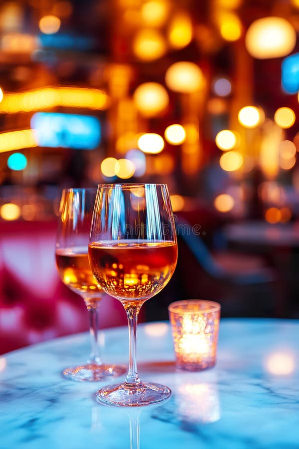 Pahare de vin elegante pe masa de marmură, cu lumini calde în partea din spate royalty free stock photography