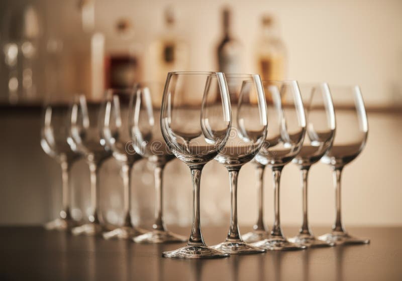 Pahare elegante de vin aranjate într-un rând pe un tejghea de bar royalty free stock photo