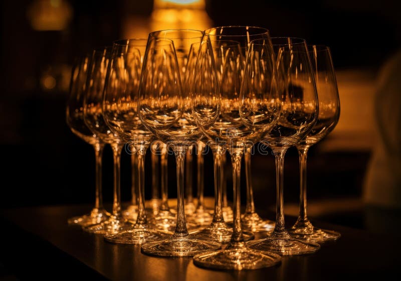 Pahare elegante de vin aranjate într-un rând reflectând lumina caldă stock images
