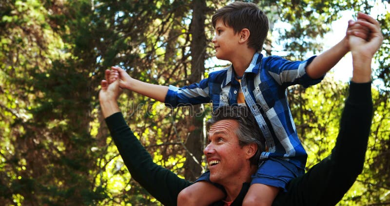 Pai e filho que olham a natureza no parque