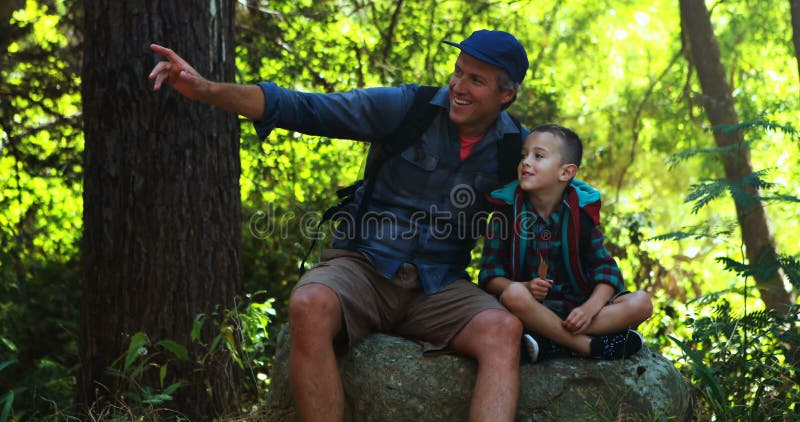 Pai e filho que olham a natureza no parque