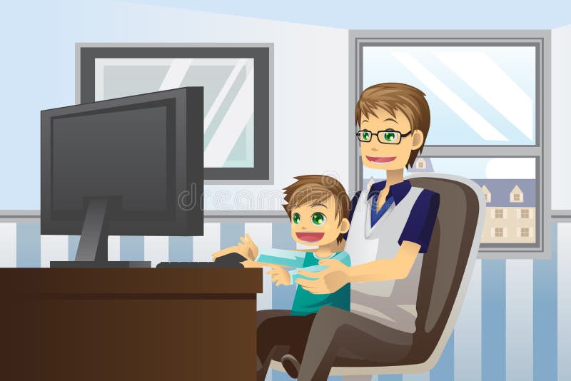 Pai e filho que usa o computador ilustração do vetor Pai e filho que usa o computador ilustração do vetor