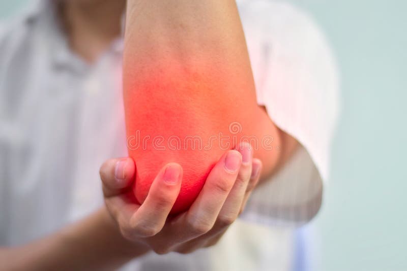 Pain in Elbow Joint of Asian Young Man. Concept of Elbow Pain