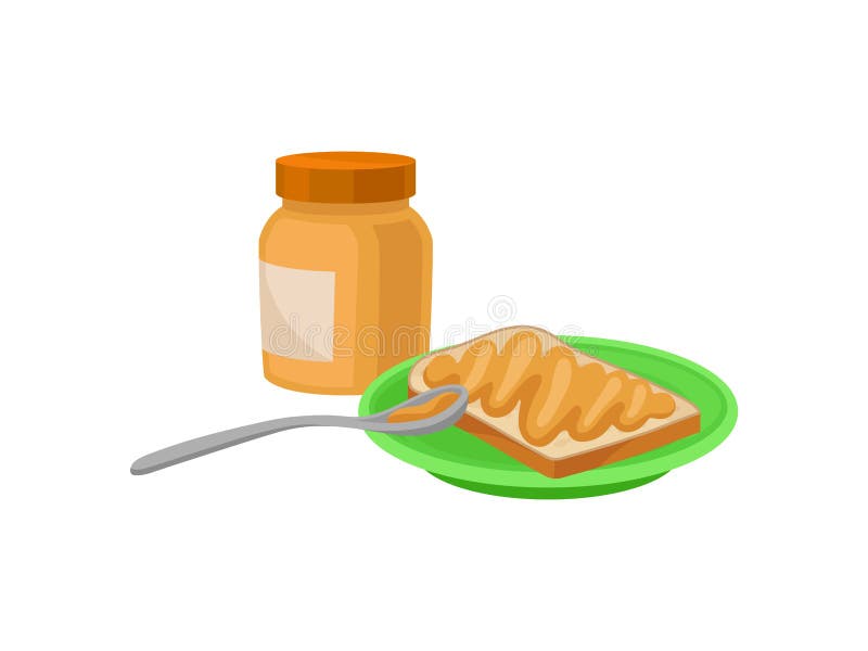 Pain grillé de plat et de pot avec le beurre d'arachide Nourriture savoureuse de matin de petit déjeuner délicieux Conception pla illustration stock Pain grillé de plat et de pot avec le beurre d'arachide Nourriture savoureuse de matin de petit déjeuner délicieux Conception pla illustration stock