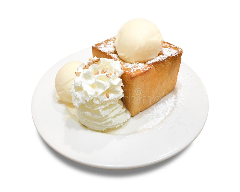 Pain grillé délicieux de miel avec le plat d'isolement sur le fond blanc Desserts et cr?me glac?e Chemin de coupure image libre de droits Pain grillé délicieux de miel avec le plat d'isolement sur le fond blanc Desserts et cr?me glac?e Chemin de coupure image libre de droits
