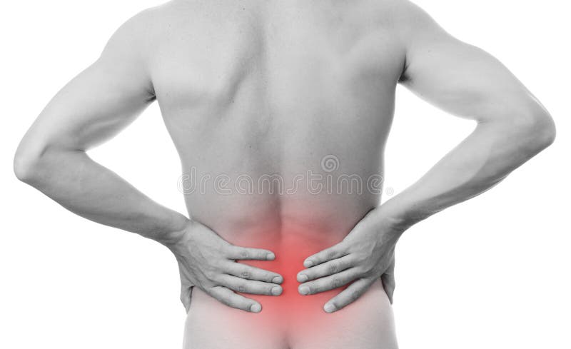 Pain in the lower back in men stock photos