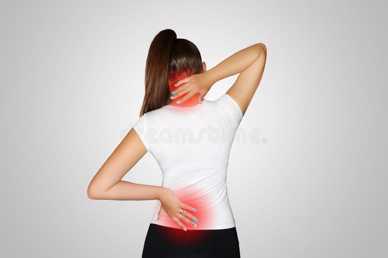 Pain in the neck and back. A young woman suffers from pain in the neck and back. Spine osteoporosis. Scoliosis. The place of pain