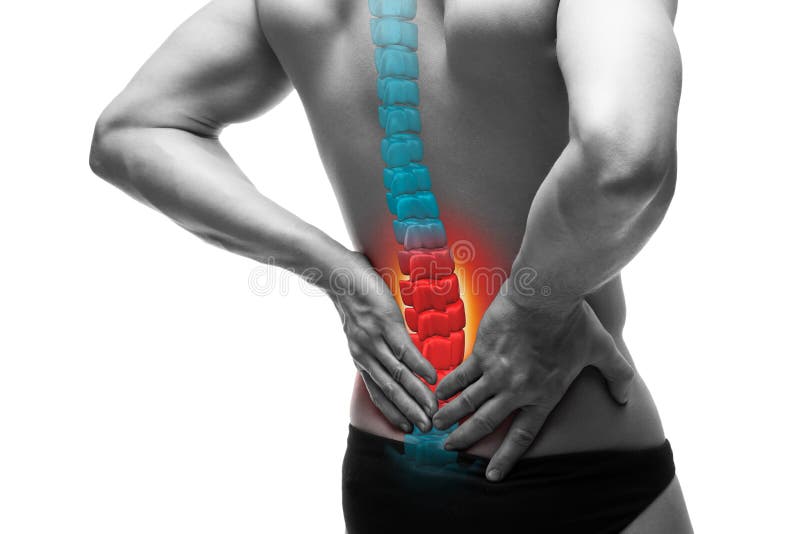 Pain in the spine, a man with backache, injury in the human back, chiropractic treatments concept isolated on white background with highlighted skeleton