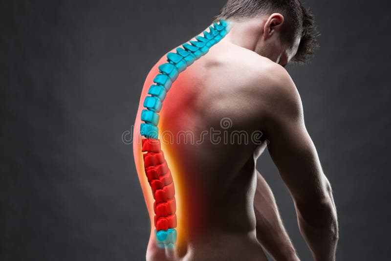 Pain in the spine, a man with backache, injury in the human back, chiropractic treatments concept with highlighted skeleton