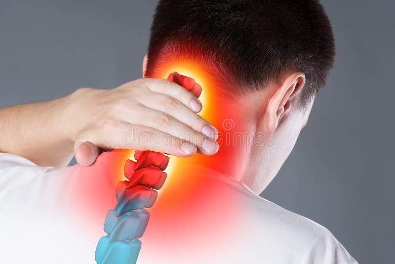 Pain in the spine, a man with backache, injury in the human neck, chiropractic treatments concept with highlighted skeleton