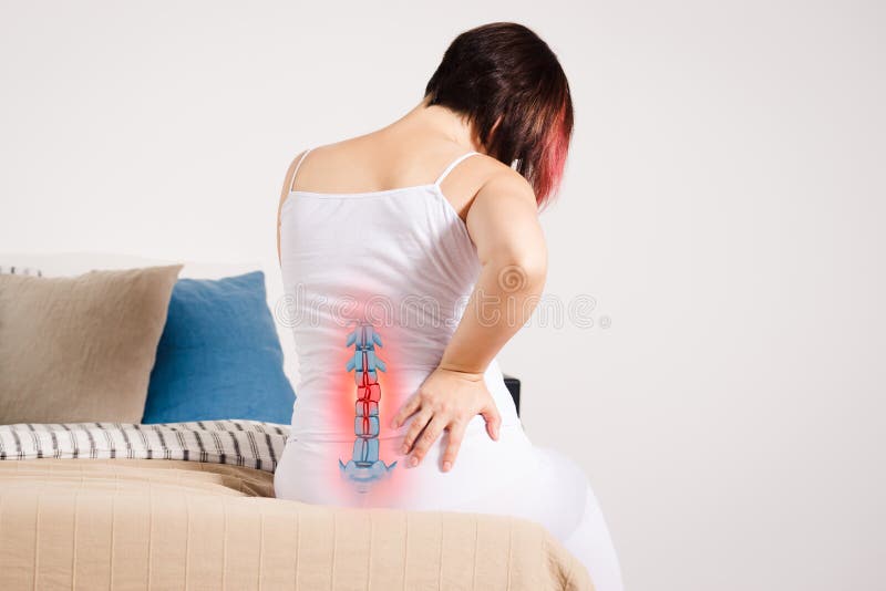 Pain in the spine, woman with backache at home, injury in the lower back, photo with highlighted skeleton