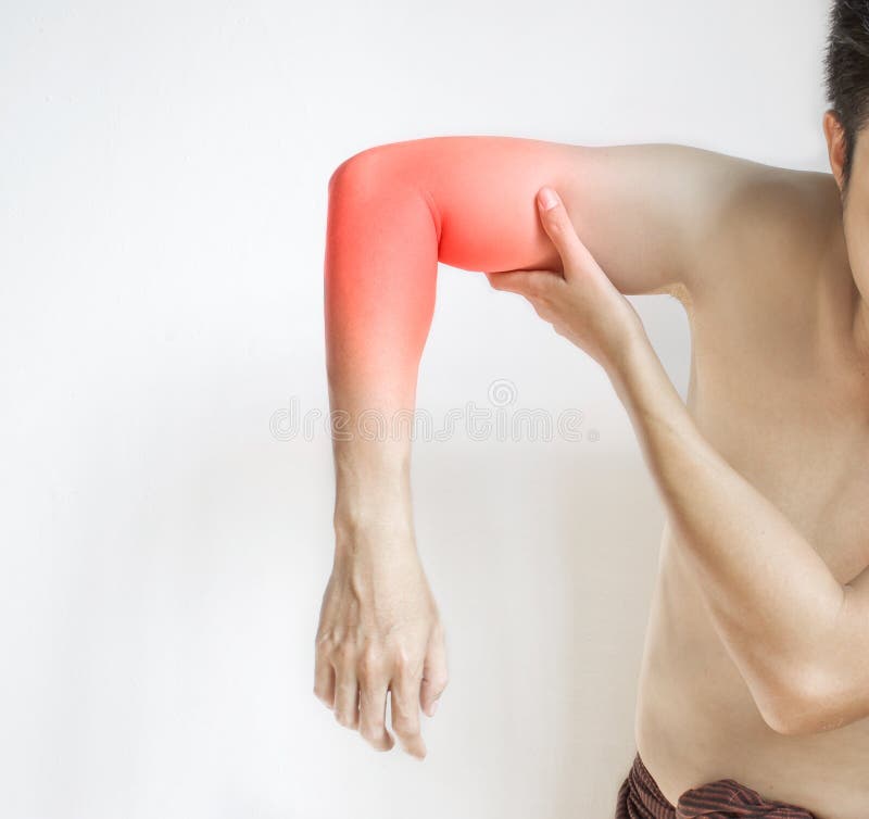 Pain in the Upper Arm of Asian Young Man. Concept of Elbow and Forearm