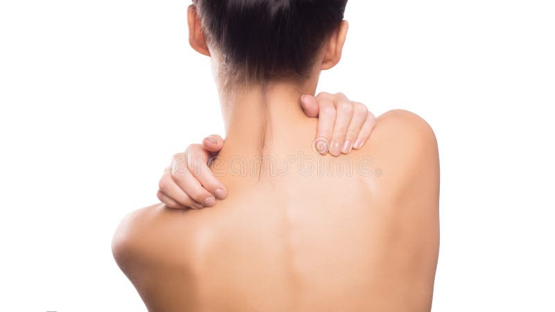 Pain. Woman touchig her neck. Massaging neck. Isolated on white. stock photos Pain. Woman touchig her neck. Massaging neck. Isolated on white. stock photos