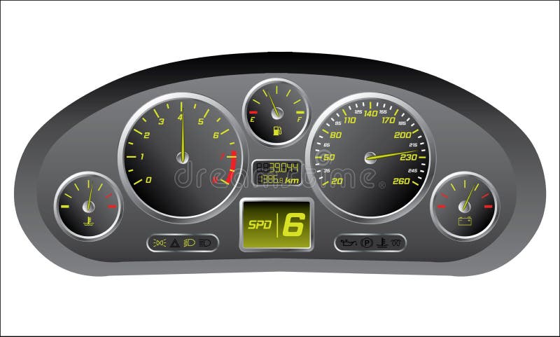 Sports car dashboard with km/h, rev and other gauges. Sports car dashboard with km/h, rev and other gauges