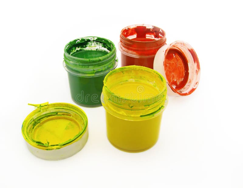 Bottles With Gouache Paints And Brushes For Artistic Paintings. Stock