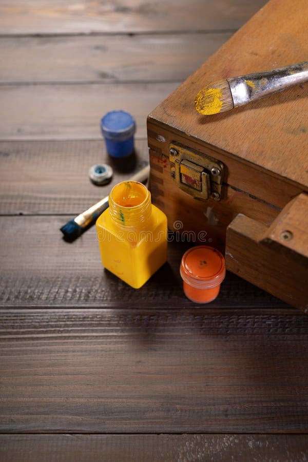 Paint Brush and Artist Tools on Wooden Table. Paintbrush and Art