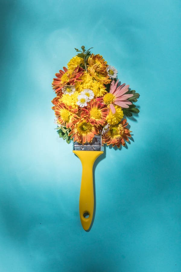 Paint Brush with Flower on Abstract Lake. Flat Lay. Copy Space Stock Image Image of flat