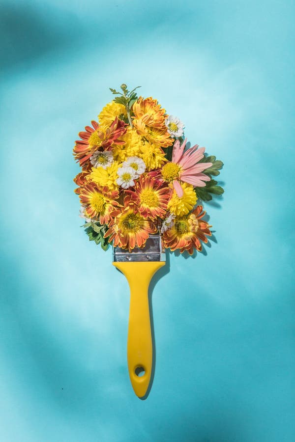 Paint Brush with Flower on Abstract Lake. Flat Lay. Copy Space Stock Photo Image of artistic