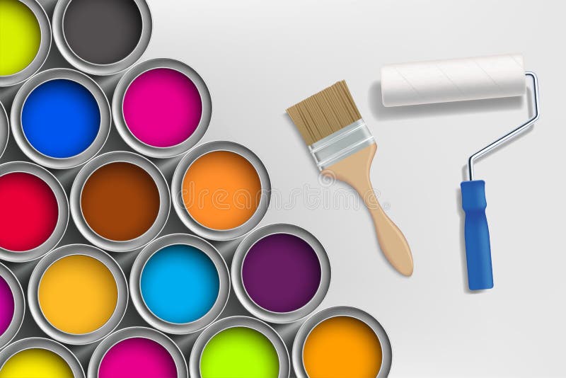 Paint Brush with Paint Roller Next To Cans with Multi Colored Paint