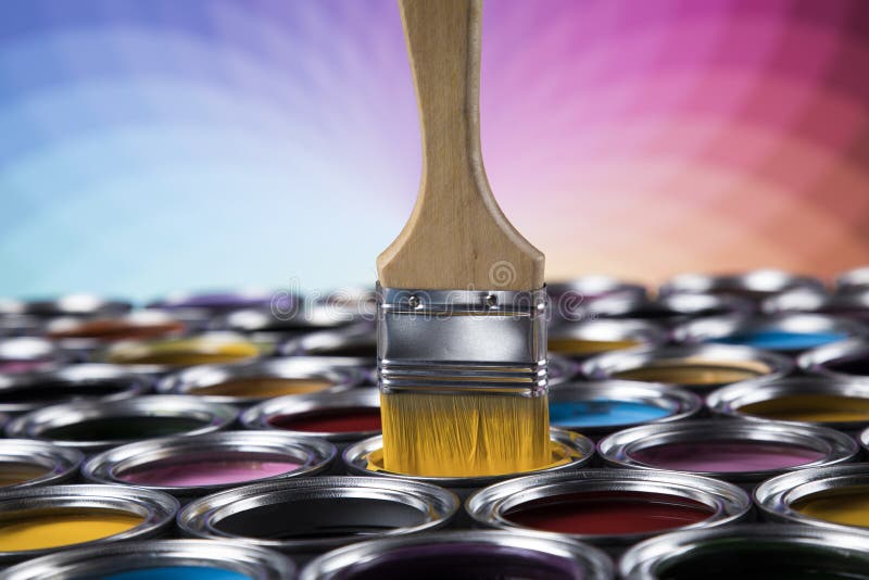 Paint Brush, Tin Can and Color Guide Samples Stock Photo Image of