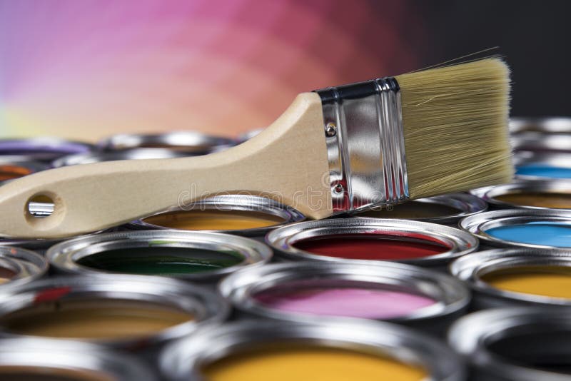 Paint Brush, Tin Can and Color Guide Samples Stock Photo Image of