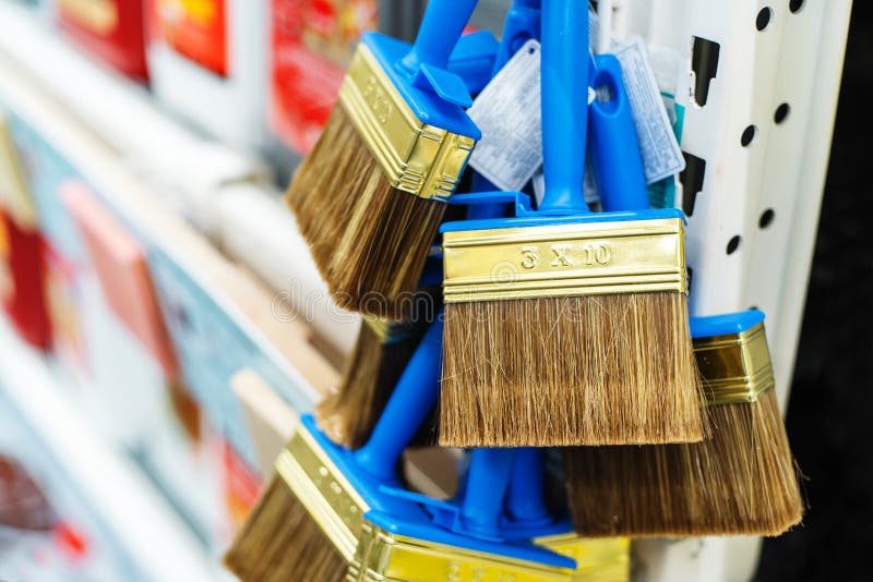 Paint Brushes in the Assortment of the Hardware Store. Tools for