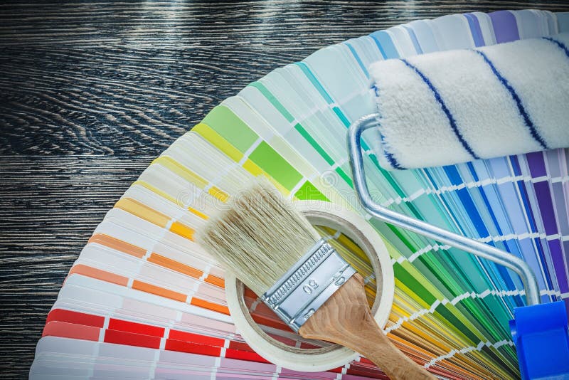 Paint Brushes Roller Color Pantone Fan Household Tape on Wood Bo Stock ...