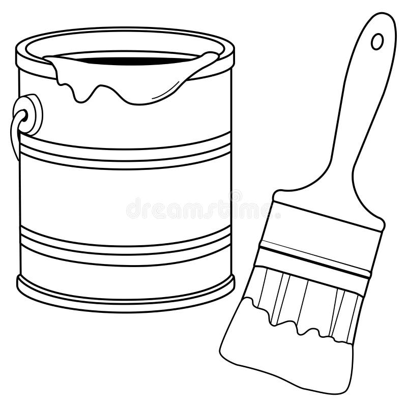 Paint Bucket and a Brush. Paint Brush with Paint Can. Vector Black and