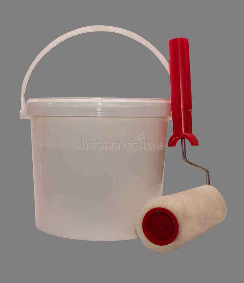 Paint Bucket, Paint Roller Isolated on the Gray Background, Repair