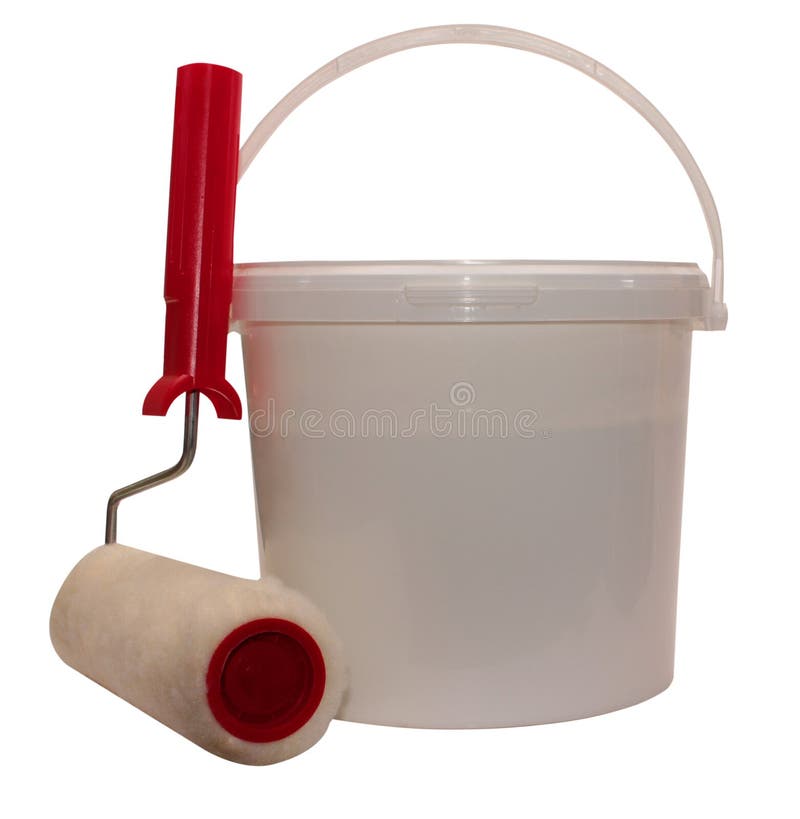 Paint Bucket, Paint Roller Isolated on White Background, Repair Paint