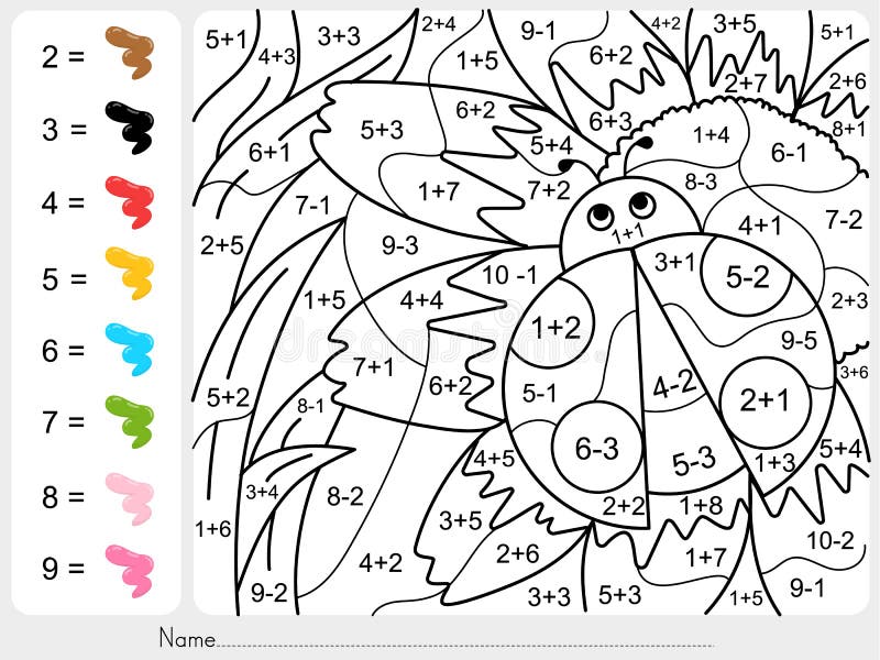 Paint color by numbers - addition and subtraction worksheet for education