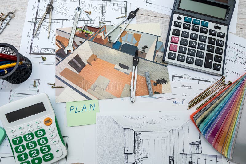 Paint Color Swatches with Drawing Tools for House Plan Project. Stock