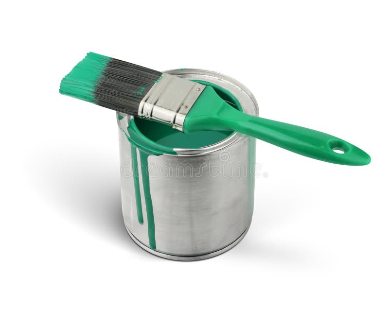 Paint in Metal Can with Brush, Isolated on White, Clipping Pass Stock