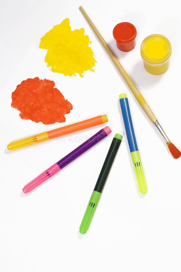 Paint and pencils stock image. Image of white, yellow 4127095