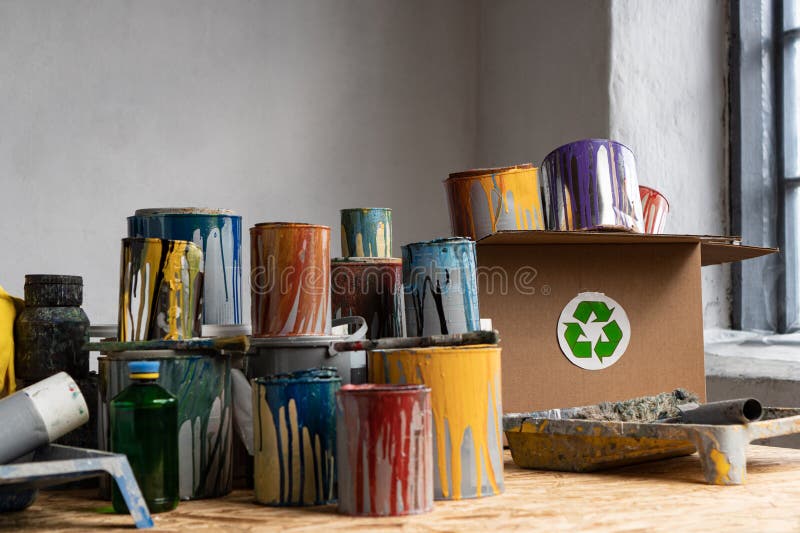Paint Recycling. Empty Paint Cans Disposal. Paint Waste Management Stock  Photo - Image of recycling, metal: 273916244