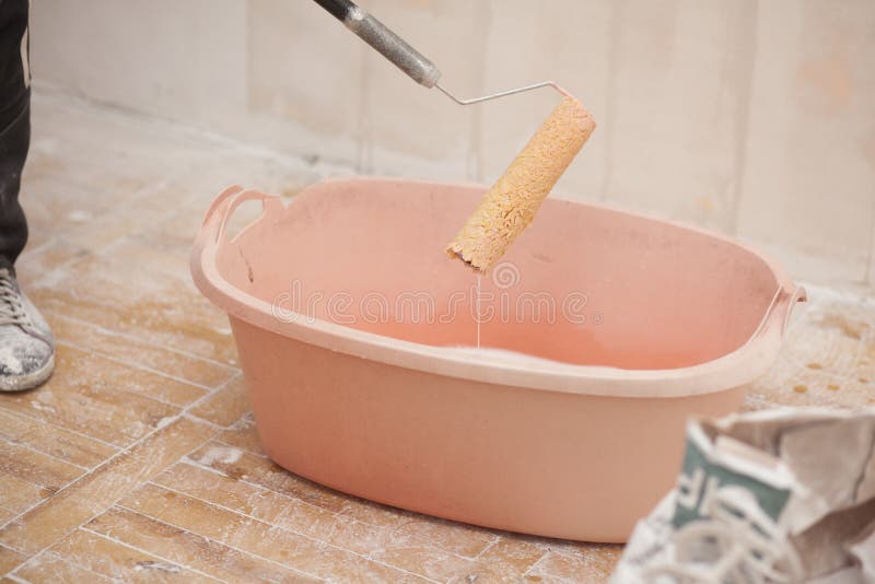 Paint Bucket Container And Roller Stock Image Image of renovate