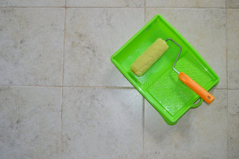 Paint Roller in Green Plastic Tray on Ceramic Tile Background Stock Photo Image of paint